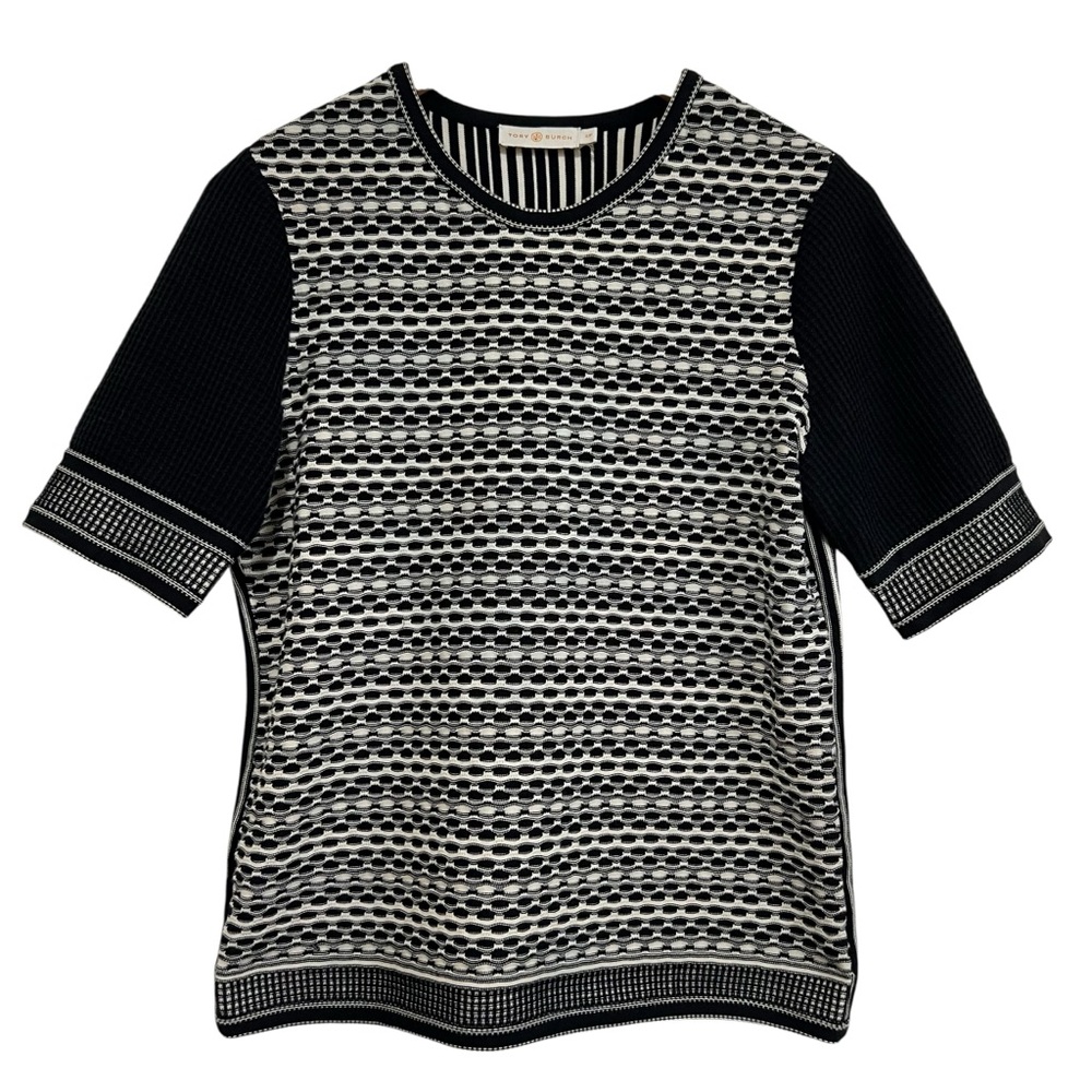 Tory Burch Black & White Textured Patterned Knit Top Short Sleeve Small